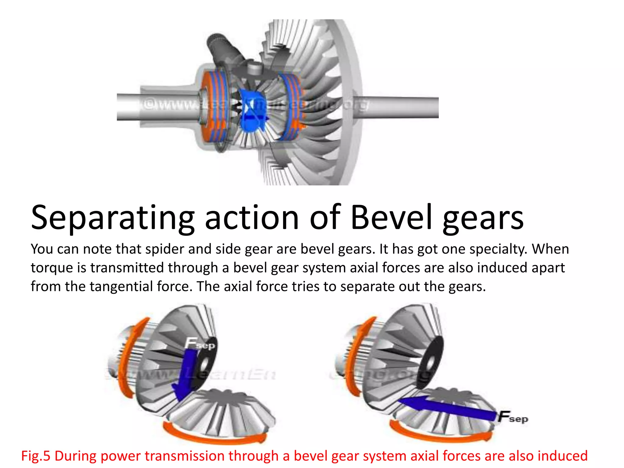 Separating action of Bevel gears
You can note that spider and side gear are bevel gears. It has got one specialty. When
torque is transmitted through a bevel gear system axial forces are also induced apart
from the tangential force. The axial force tries to separate out the gears.
Fig.5 During power transmission through a bevel gear system axial forces are also induced
 