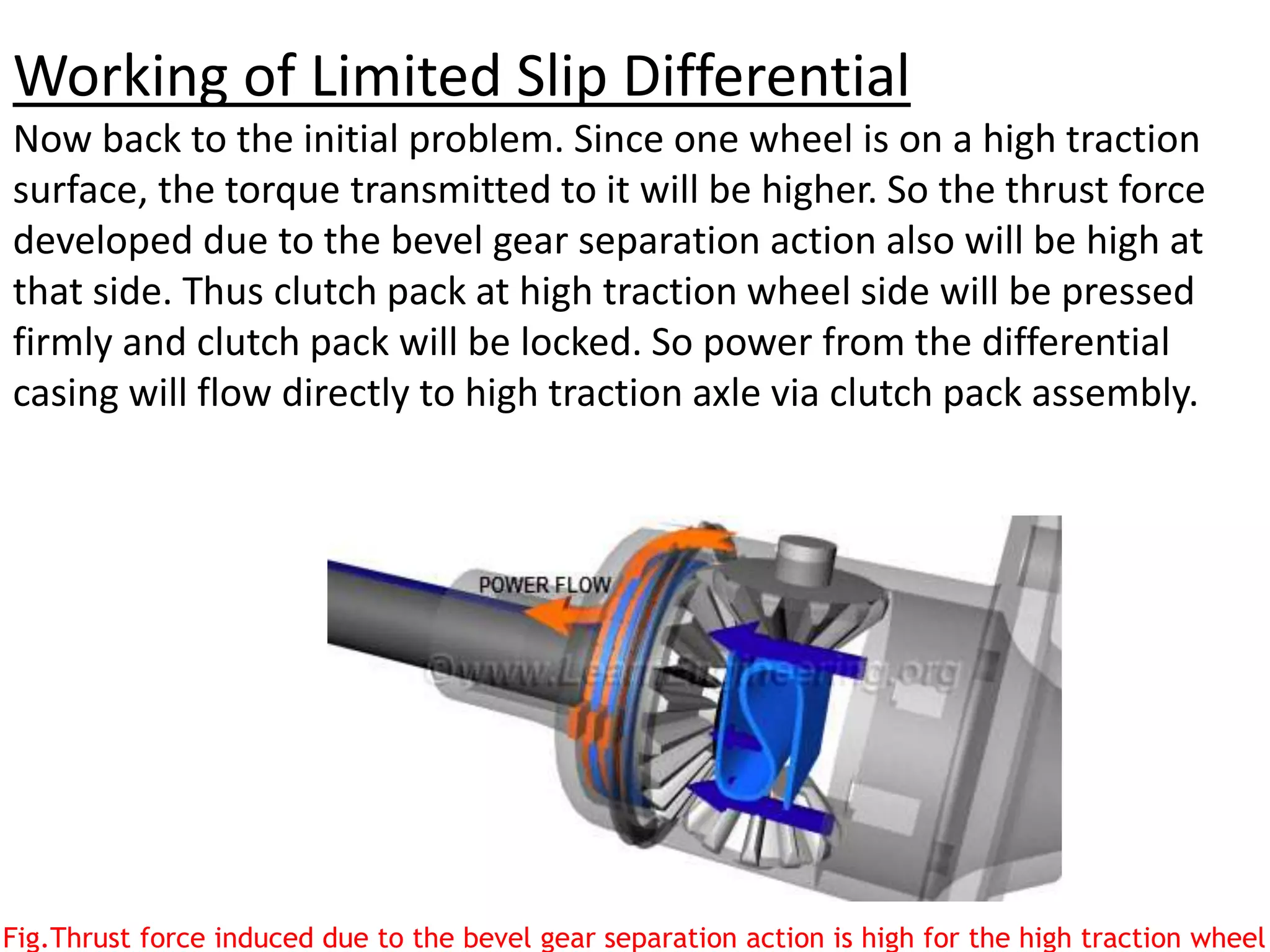 Working of Limited Slip Differential
Now back to the initial problem. Since one wheel is on a high traction
surface, the torque transmitted to it will be higher. So the thrust force
developed due to the bevel gear separation action also will be high at
that side. Thus clutch pack at high traction wheel side will be pressed
firmly and clutch pack will be locked. So power from the differential
casing will flow directly to high traction axle via clutch pack assembly.
Fig.Thrust force induced due to the bevel gear separation action is high for the high traction wheel
 