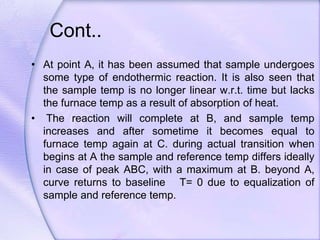 Cont..
• At point A, it has been assumed that sample undergoes
some type of endothermic reaction. It is also seen that
the sample temp is no longer linear w.r.t. time but lacks
the furnace temp as a result of absorption of heat.
• The reaction will complete at B, and sample temp
increases and after sometime it becomes equal to
furnace temp again at C. during actual transition when
begins at A the sample and reference temp differs ideally
in case of peak ABC, with a maximum at B. beyond A,
curve returns to baseline T= 0 due to equalization of
sample and reference temp.
 