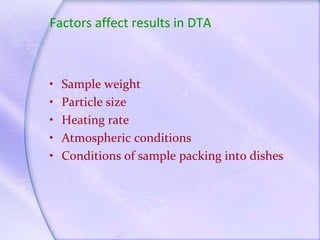 Factors affect results in DTA
• Sample weight
• Particle size
• Heating rate
• Atmospheric conditions
• Conditions of sample packing into dishes
 