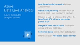 Azure
Data Lake Analytics
A new distributed
analytics service
Distributed analytics service built on
Apache YARN
Elastic scale per query lets users focus on
business goals—not configuring hardware
Includes U-SQL—a language that unifies the
benefits of SQL with the expressive
power of C#
Integrates with Visual Studio to develop,
debug, and tune code faster
Federated query across Azure data sources
Enterprise-grade role based access control
 