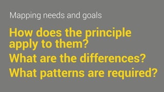 Mapping needs and goals 
How does the principle 
apply to them? 
What are the differences? 
What patterns are required? 
 