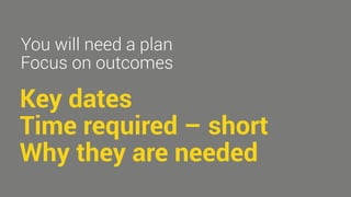 You will need a plan 
Focus on outcomes 
Key dates 
Time required – short 
Why they are needed 
 