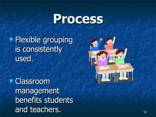 Process Flexible grouping is consistently used. Classroom management benefits students and teachers. 