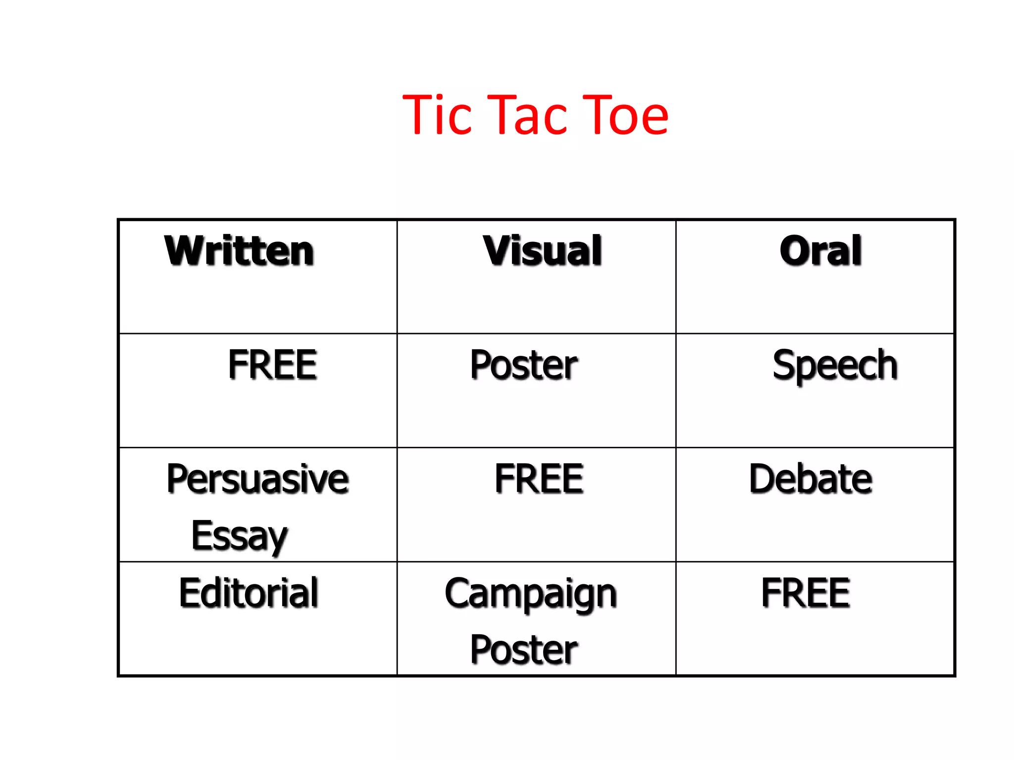 Tic Tac Toe
Written Visual Oral
FREE Poster Speech
Persuasive
Essay
FREE Debate
Editorial Campaign
Poster
FREE
 