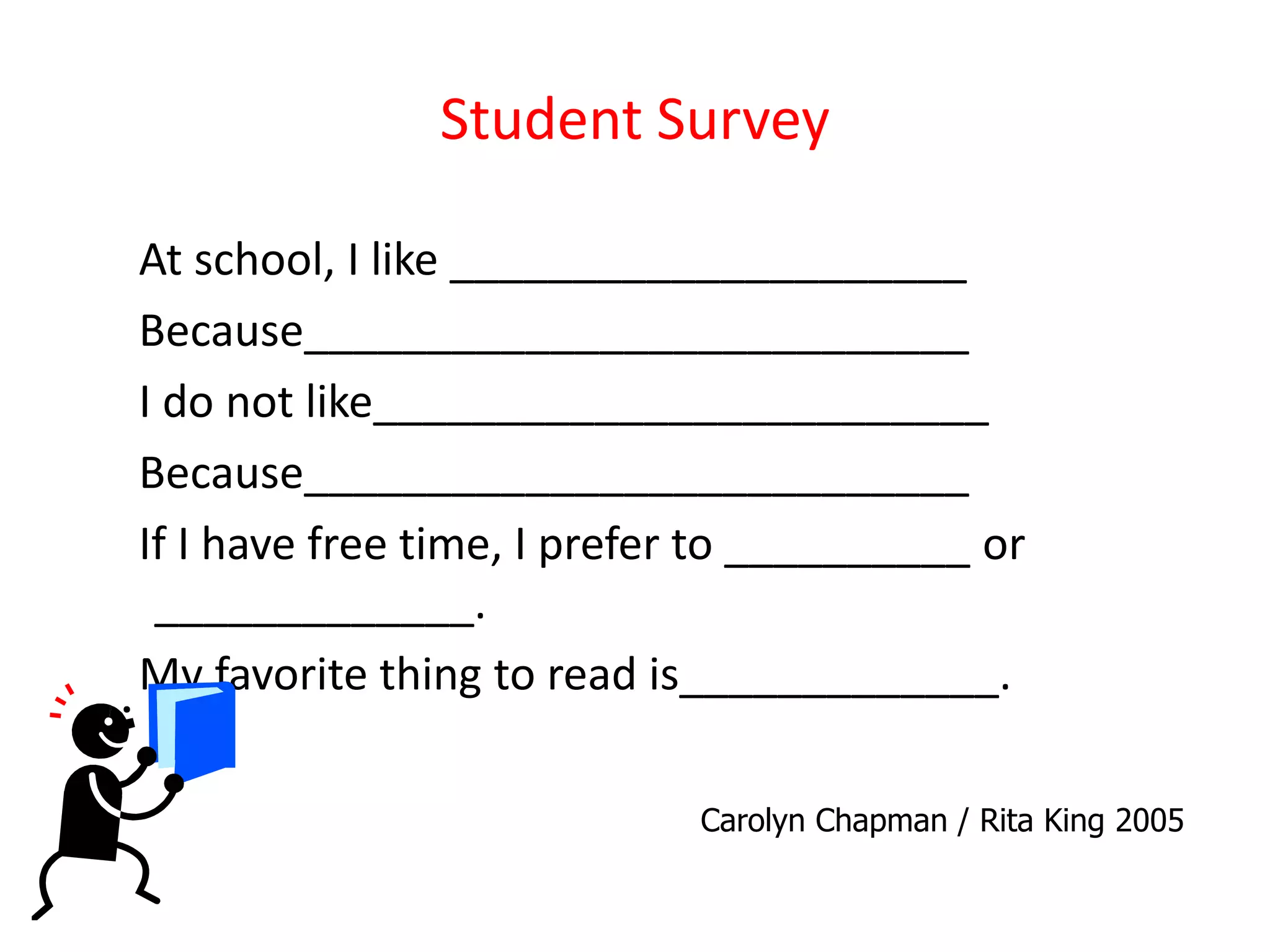 Student Survey
At school, I like _____________________
Because___________________________
I do not like_________________________
Because___________________________
If I have free time, I prefer to __________ or
_____________.
My favorite thing to read is_____________.
Carolyn Chapman / Rita King 2005
 