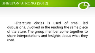 SHELTON STRONG (2012)
-Literature circles is used of small led
discussions, involved in the reading the same piece
of literature. The group member come together to
share interpretations and insights about what they
read.
 