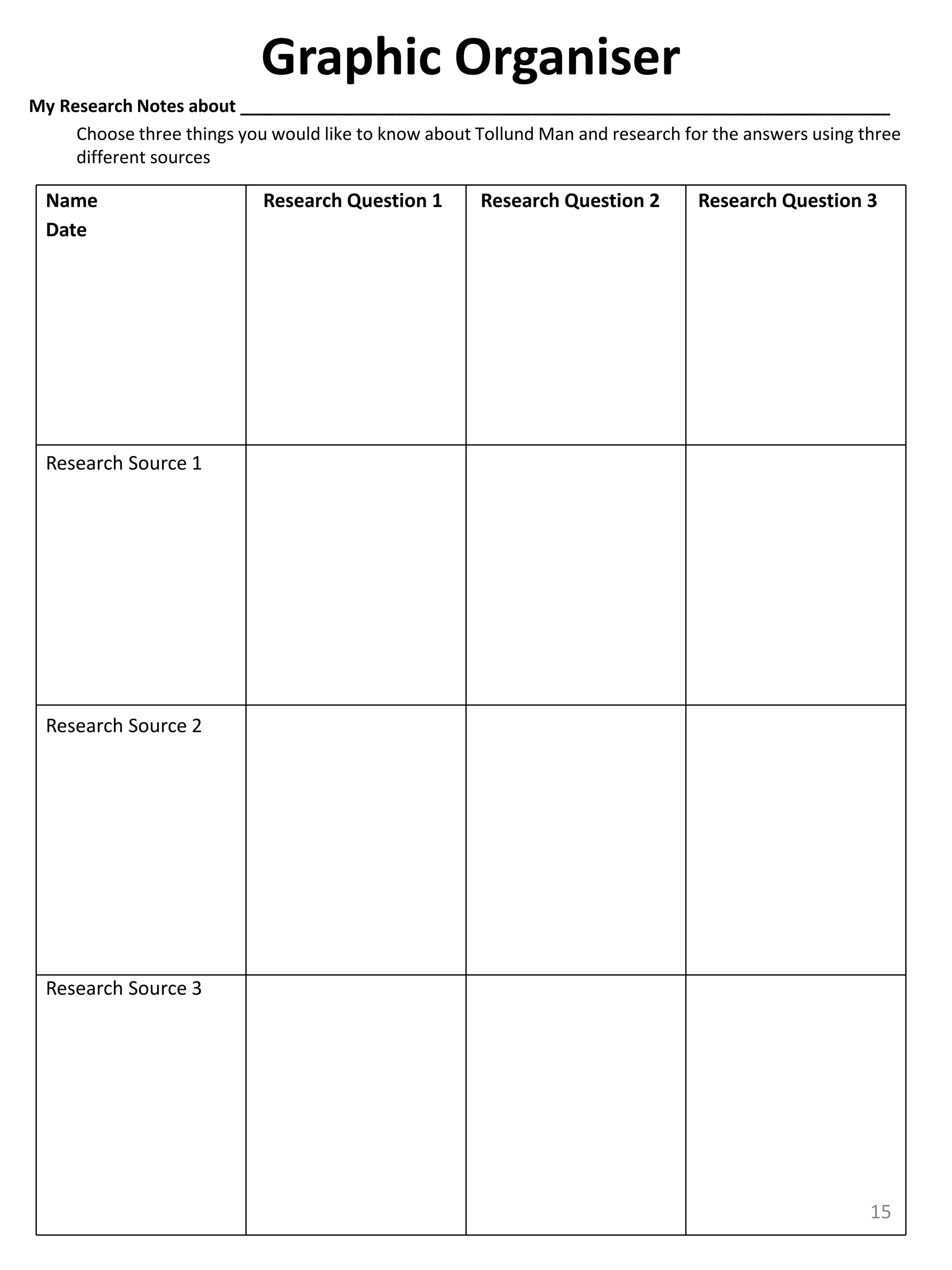 15
Graphic Organiser
My Research Notes about ___________________________________________________________________
Choose three things you would like to know about Tollund Man and research for the answers using three
different sources
Name
Date
Research Question 1 Research Question 2 Research Question 3
Research Source 1
Research Source 2
Research Source 3
 