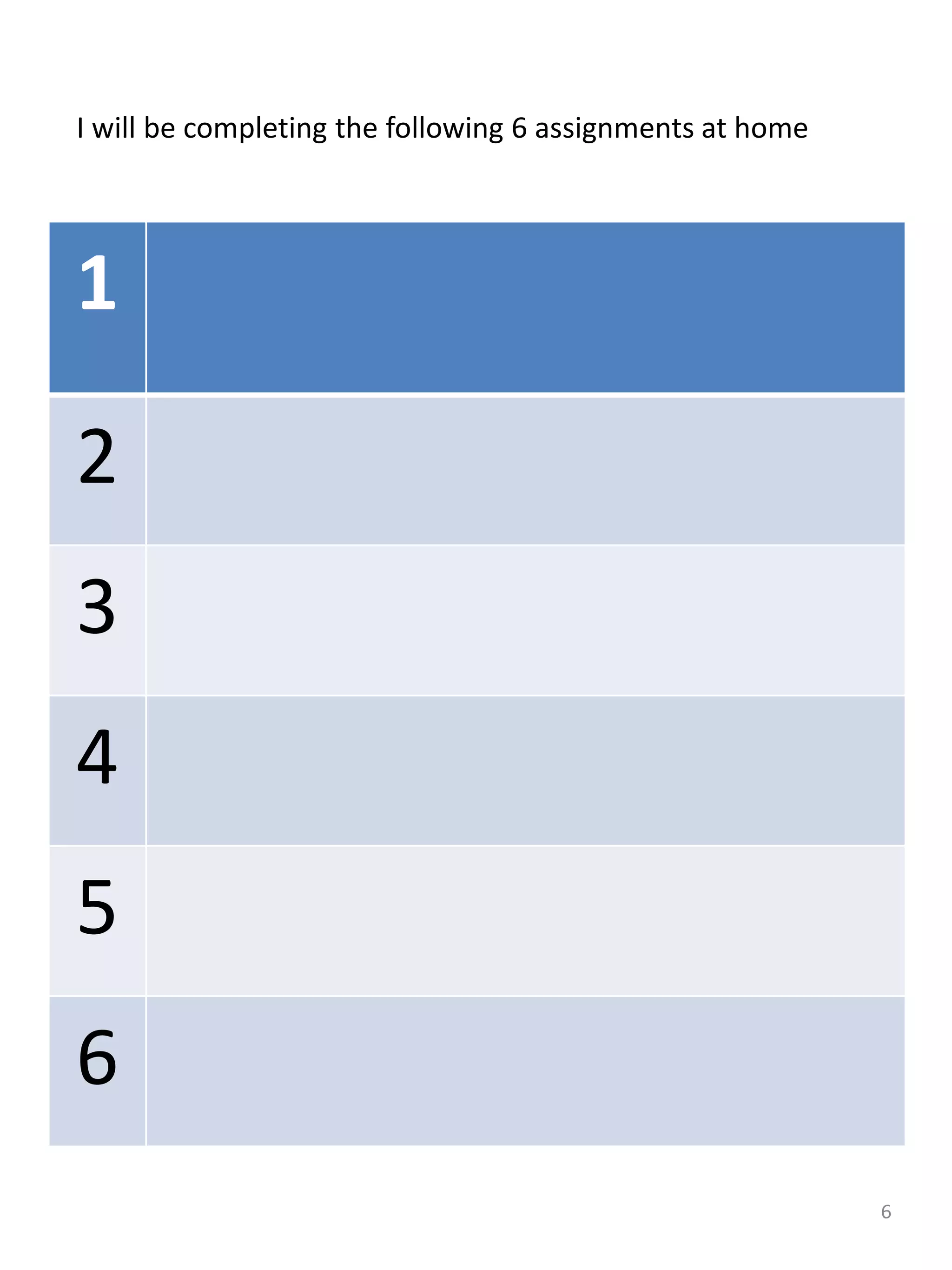 1
2
3
4
5
6
I will be completing the following 6 assignments at home
6
 