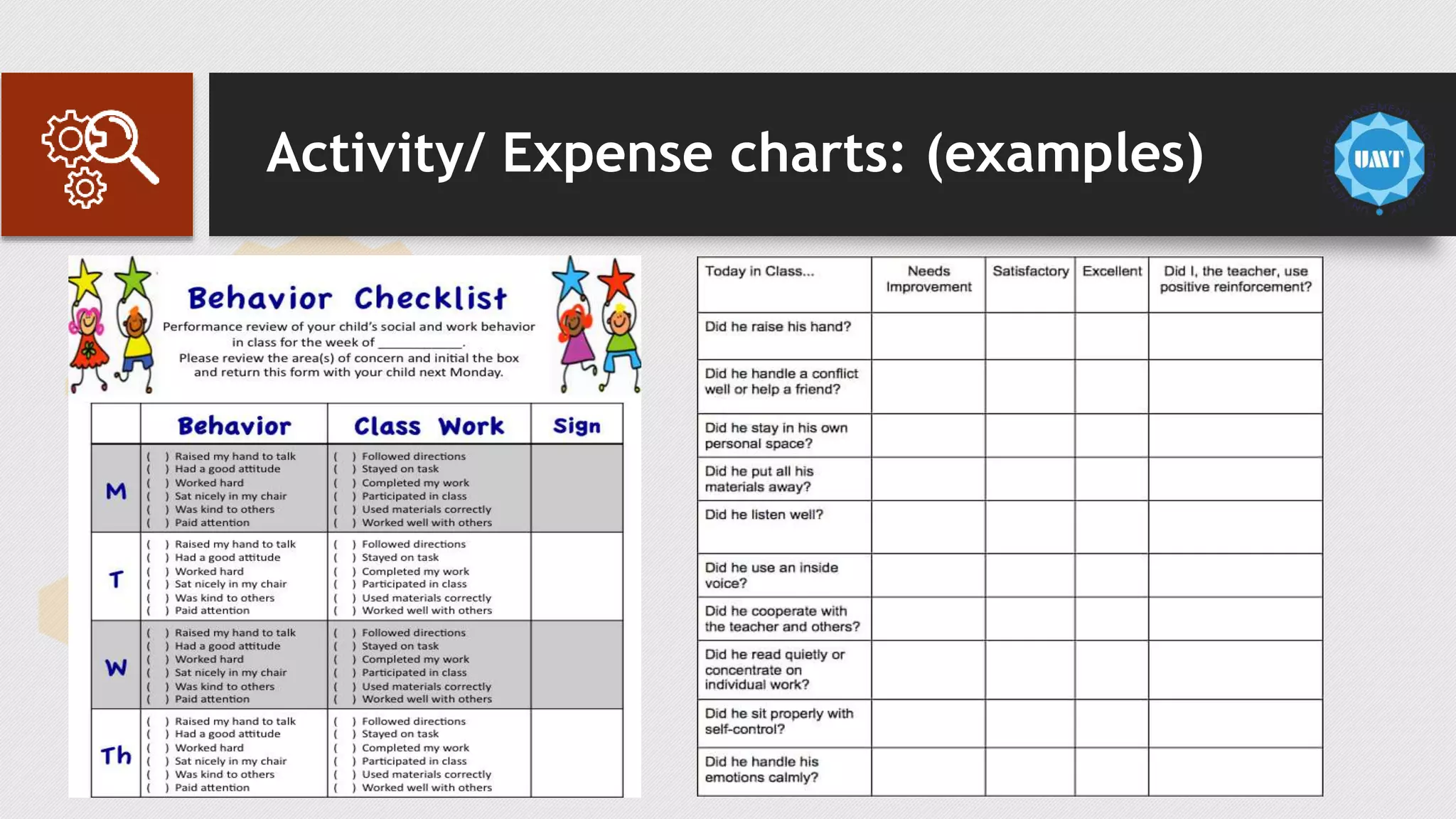 Activity/ Expense charts: (examples)
 