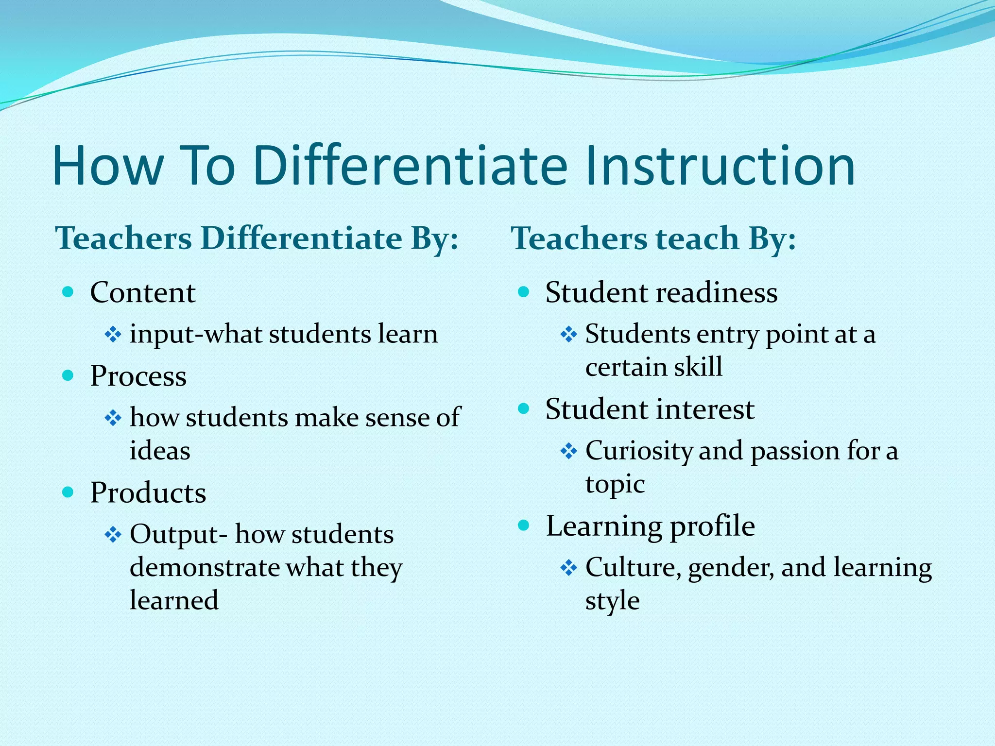 How To Differentiate Instruction	Teachers Differentiate By:Teachers teach By: Contentinput-what students learnProcesshow students make sense of ideasPr0ductsOutput- how students demonstrate what they learnedStudent readinessStudents entry point at a certain skillStudent interestCuriosity and passion for a topicLearning profileCulture, gender, and learning styleKindergarten ContentWhat do I want students to learn?Letters, sounds, words, numbers, and counting for meaning.  Skills to prepare a student to be successful the following year.How is it differentiated?Whole group daily instruction