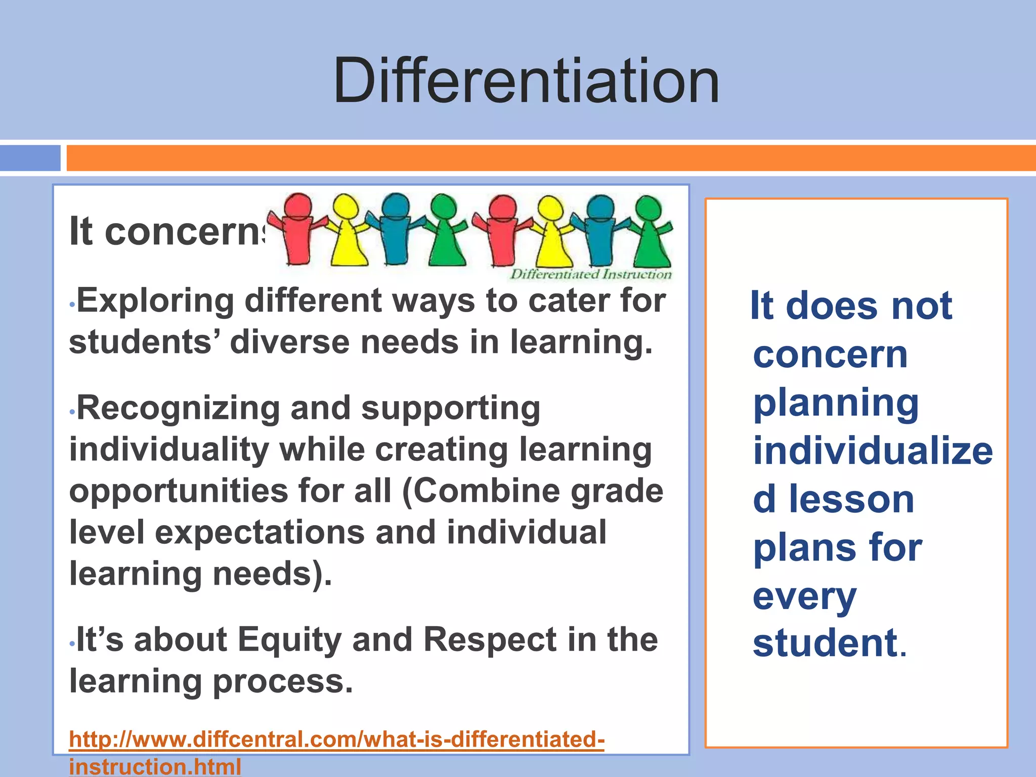 Differentiation
It concerns…
•Exploring different ways to cater for
students’ diverse needs in learning.
•Recognizing and supporting
individuality while creating learning
opportunities for all (Combine grade
level expectations and individual
learning needs).
•It’s about Equity and Respect in the
learning process.
http://www.diffcentral.com/what-is-differentiated-
instruction.html
It does not
concern
planning
individualize
d lesson
plans for
every
student.
 