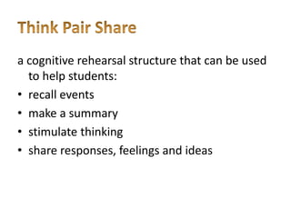 a cognitive rehearsal structure that can be used 
to help students: 
• recall events 
• make a summary 
• stimulate thinking 
• share responses, feelings and ideas 
 