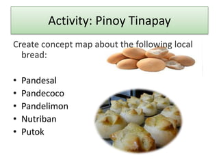 Activity: Pinoy Tinapay 
Create concept map about the following local 
bread: 
• Pandesal 
• Pandecoco 
• Pandelimon 
• Nutriban 
• Putok 
 
