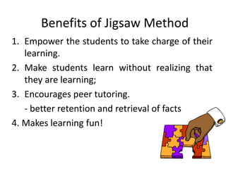 Benefits of Jigsaw Method 
1. Empower the students to take charge of their 
learning. 
2. Make students learn without realizing that 
they are learning; 
3. Encourages peer tutoring. 
- better retention and retrieval of facts 
4. Makes learning fun! 
 