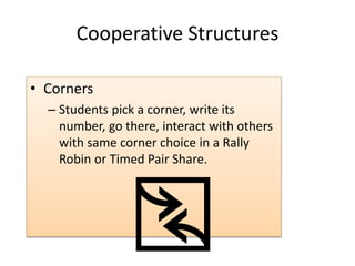 Cooperative Structures 
• Corners 
– Students pick a corner, write its 
number, go there, interact with others 
with same corner choice in a Rally 
Robin or Timed Pair Share. 
 