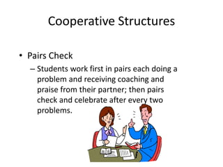 Cooperative Structures 
• Pairs Check 
– Students work first in pairs each doing a 
problem and receiving coaching and 
praise from their partner; then pairs 
check and celebrate after every two 
problems. 
 