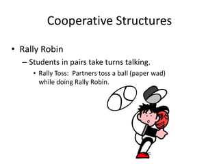Cooperative Structures 
• Rally Robin 
– Students in pairs take turns talking. 
• Rally Toss: Partners toss a ball (paper wad) 
while doing Rally Robin. 
 