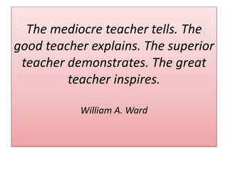 The mediocre teacher tells. The 
good teacher explains. The superior 
teacher demonstrates. The great 
teacher inspires. 
William A. Ward 
 