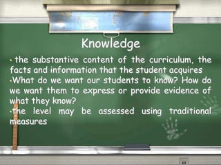 Knowledge 
• the substantive content of the curriculum, the 
facts and information that the student acquires 
•What do we want our students to know? How do 
we want them to express or provide evidence of 
what they know? 
•the level may be assessed using traditional 
measures 
 