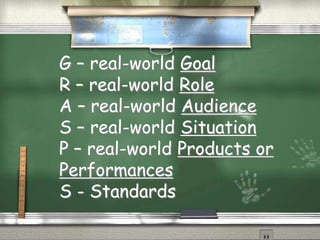 G – real-world Goal 
R – real-world Role 
A – real-world Audience 
S – real-world Situation 
P – real-world Products or 
Performances 
S - Standards 
 