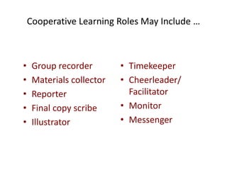Cooperative Learning Roles May Include … 
• Group recorder 
• Materials collector 
• Reporter 
• Final copy scribe 
• Illustrator 
• Timekeeper 
• Cheerleader/ 
Facilitator 
• Monitor 
• Messenger 
 