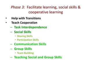 Phase 3: Facilitate learning, social skills & 
cooperative learning 
• Help with Transitions 
• Teach Cooperation 
– Task Interdependence 
– Social Skills 
• Sharing Skills 
• Participation Skills 
– Communication Skills 
– Group Skills 
• Team Building 
– Teaching Social and Group Skills 
 