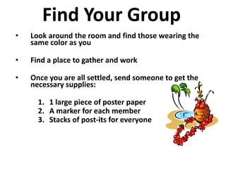 Find Your Group 
• Look around the room and find those wearing the 
same color as you 
• Find a place to gather and work 
• Once you are all settled, send someone to get the 
necessary supplies: 
1. 1 large piece of poster paper 
2. A marker for each member 
3. Stacks of post-its for everyone 
 