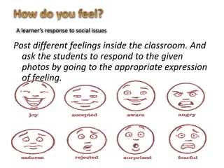 A learner’s response to social issues 
Post different feelings inside the classroom. And 
ask the students to respond to the given 
photos by going to the appropriate expression 
of feeling. 
 