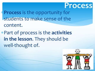 Process is the opportunity for
students to make sense of the
content.
Part of process is the activities
in the lesson. They should be
well-thought of.
Process
 