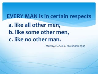 EVERY MAN is in certain respects
a. like all other men,
b. like some other men,
c. like no other man.
-Murray, H. A. & C. Kluckhohn, 1953
 