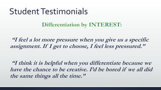StudentTestimonials
“I feel a lot more pressure when you give us a specific
assignment. If I get to choose, I feel less pressured.”
“I think it is helpful when you differentiate because we
have the chance to be creative. I’d be bored if we all did
the same things all the time.”
 