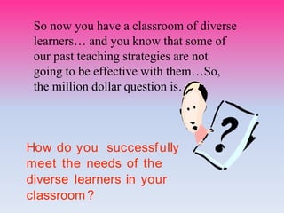 How do you successfuIIy
meet the needs of the
diverse Iearners in your
cIassroom ?
So now you have a classroom of diverse
learners… and you know that some of
our past teaching strategies are not
going to be effective with them…So,
the million dollar question is…
 