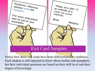 Exit Card Samples
Notice how these exit cards have been differentiated by readiness.
Each student is still expected to know about similes and metaphors,
but their individual questions are based on their skill level and their
degree of knowledge.
 