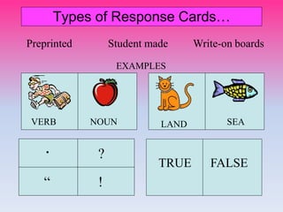 Types of Response Cards…
Preprinted Student made Write-on boards
EXAMPLES
VERB NOUN
. ?
“ !
LAND SEA
TRUE FALSE
 