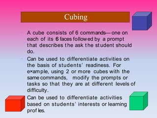 · A cube consists of 6 commands— one on
each of its 6
6 faces foIIowed by a prompt
t hat describes t he ask t he st udent shouId
do.
· Can be used to differentiate activities on
the basis of students’ readiness. For
e×ampIe, using 2 or more cubes with the
same commands, modify the prompts or
tasks so that they are at different IeveIs of
difficuIty.
· Can be used to differentiate activities
based on students’ interests or Iearning
prof les.
Cubing
 