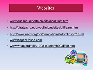 Websites
• www.quasar.ualberta.calddc/inc/difinst.htm
• http://pirate/shu.edu/~collinjo/edsites/difflearn.htm
• http://www.ascd.org/pdi/demo/diffinstr/tomlinson2.html
• www.KaganOnline.com
• www.weac.org/kids/1998-99/march99/differ.htm
 