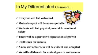 In My Differentiated Classroom…
✓Everyone will feel welcomed
✓Mutual respect will be non-negotiable
✓Students will feel physical, mental & emotional
safety
✓There will be a pervasive expectation of growth
✓I will teach for success
✓A new sort of fairness will be evident and accepted
✓We will collaborate for mutual growth and success
 
