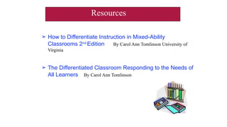 ➢ How to Differentiate Instruction in Mixed-Ability
Classrooms 2nd
Edition
Virginia
By Carol Ann Tomlinson University of
➢ The Differentiated Classroom Responding to the Needs of
All Learners By Carol Ann Tomlinson
Resources
 