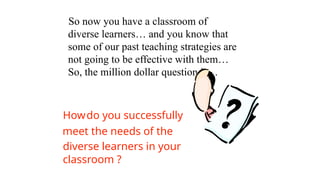 Howdo you successfully
meet the needs of the
diverse learners in your
classroom ?
So now you have a classroom of
diverse learners… and you know that
some of our past teaching strategies are
not going to be effective with them…
So, the million dollar question is…
 