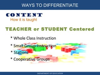 DIFFERENTIATED INSTRUCTION
CONTENT
DEPARTMENT OF EDUCATION
WAYS TO DIFFERENTIATE
How it is taught
TEACHER or STUDENT Centered
* Whole Class Instruction
* Small Group Instruction
* Stations
* Cooperative Groups
 