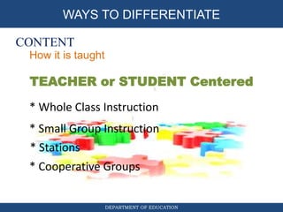 DIFFERENTIATED INSTRUCTION
CONTENT
DEPARTMENT OF EDUCATION
WAYS TO DIFFERENTIATE
How it is taught
TEACHER or STUDENT Centered
* Whole Class Instruction
* Small Group Instruction
* Stations
* Cooperative Groups
 