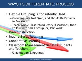 DIFFERENTIATED INSTRUCTION
DEPARTMENT OF EDUCATION
WAYS TO DIFFERENTIATE: PROCESS
• Flexible Grouping is Consistently Used.
– Groupings are Not Fixed, and Should Be Dynamic
in Process.
– Teach Whole Class Introductory Discussions, then
Follow with Small Group (or) Pair Work.
• Direct Instruction
• Inquiry-Based Learning
• Cooperative Learning
• Classroom Management Benefits Students
and Teachers
– Organization & Routines
 
