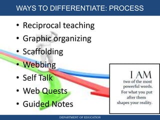DIFFERENTIATED INSTRUCTION
DEPARTMENT OF EDUCATION
WAYS TO DIFFERENTIATE: PROCESS
• Reciprocal teaching
• Graphic organizing
• Scaffolding
• Webbing
• Self Talk
• Web Quests
• Guided Notes
 