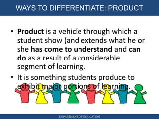 DEPARTMENT OF EDUCATION
WAYS TO DIFFERENTIATE: PRODUCT
• Product is a vehicle through which a
student show (and extends what he or
she has come to understand and can
do as a result of a considerable
segment of learning.
• It is something students produce to
exhibit major portions of learning.
 