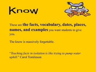These are the facts, vocabulary, dates, places,
names, and examples you want students to give
you.
The know is massively forgettable.
“Teaching facts in isolation is like trying to pump water
uphill.” Carol Tomlinson
 