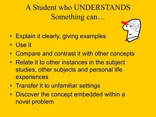 A Student who UNDERSTANDS
Something can…
• Explain it clearly, giving examples
• Use it
• Compare and contrast it with other concepts
• Relate it to other instances in the subject
studies, other subjects and personal life
experiences
• Transfer it to unfamiliar settings
• Discover the concept embedded within a
novel problem
 