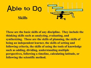 These are the basic skills of any discipline. They include the
thinking skills such as analyzing, evaluating, and
synthesizing. These are the skills of planning, the skills of
being an independent learner, the skills of setting and
following criteria, the skills of using the tools of knowledge
such as adding, dividing, understanding multiple
perspectives, following a timeline, calculating latitude, or
following the scientific method.
Skills
 