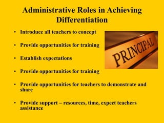 Administrative Roles in Achieving
Differentiation
• Introduce all teachers to concept
• Provide opportunities for training
• Establish expectations
• Provide opportunities for training
• Provide opportunities for teachers to demonstrate and
share
• Provide support – resources, time, expect teachers
assistance
 