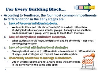    According to Tomlinson, the four most common impediments
    to differentiation in the early stages are:

        We tend to think and talk about „our kids‟ as a whole rather than
         studying individuals or even smaller groups. As long as we see them
         predominantly as a group, we‟re going to teach them that way.

        What students should know, understand, and be able to do – not what
         they‟re going to cover.

        Strategies that invite us to differentiate – to reach out in different kinds
         of ways…and strategies we may not have used in a while.

        One in which students are not always doing the same thing
         in the same way in the same time span.
 
